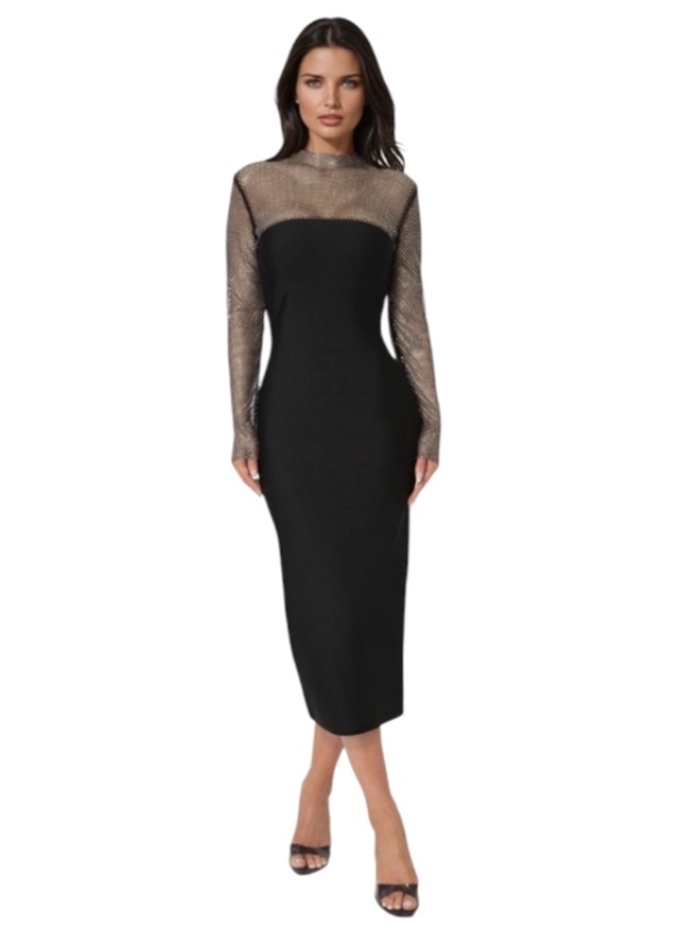 Ruzevich Elegant Black Crystal Long-Sleeve Bodycon Midi Dress Size M